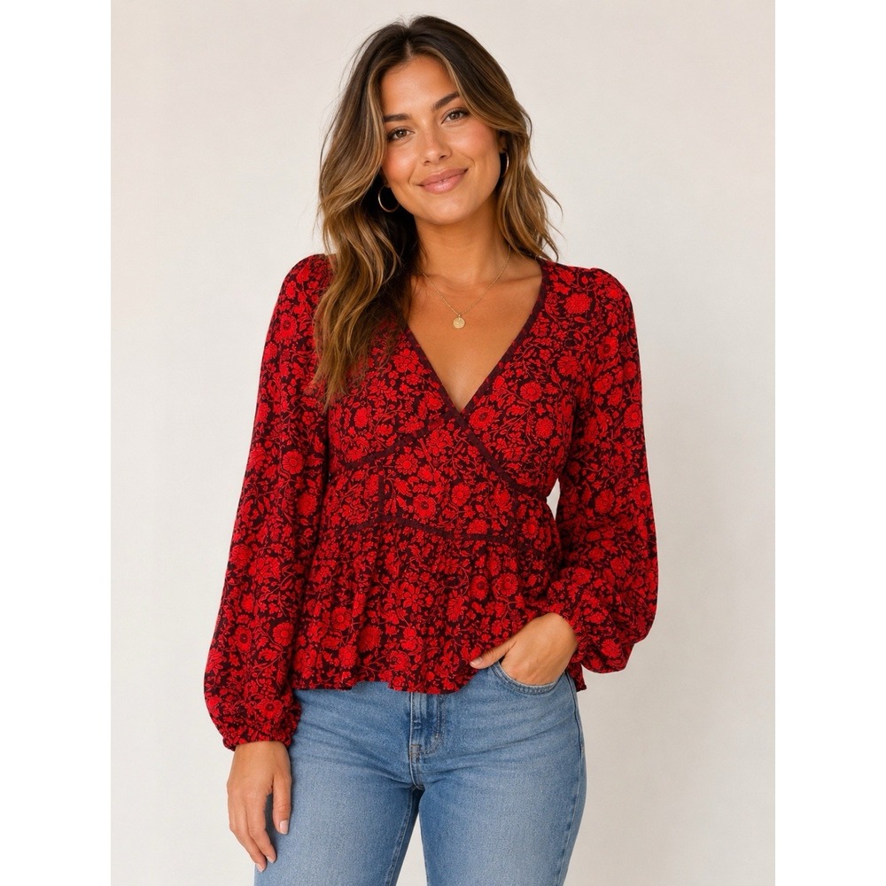 Knox Rose Women's Red Floral Boho Peasant Fairy Long Sleeve Shirt Size Large